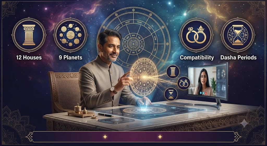Astrologer reading a Janam Kundli birth chart