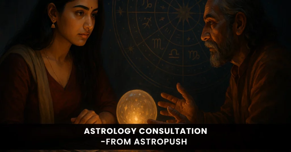 Young Indian woman receiving astrology consultation from expert astrologer with zodiac chart and crystal ball in background