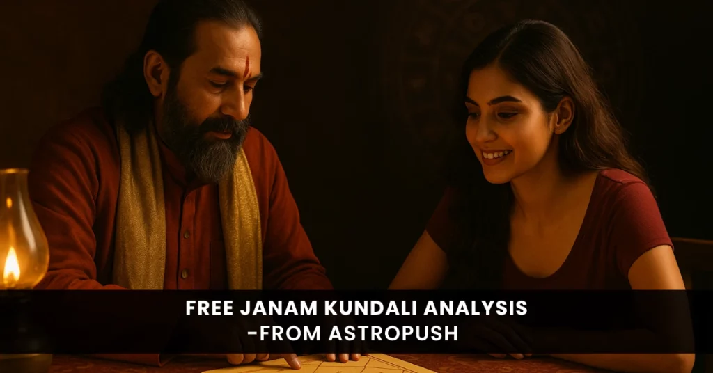 Astrologer analyzing a Janam Kundali chart to reveal life insights through free Vedic astrology analysis.