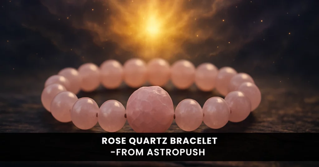 A rose quartz bracelet placed on an astrological chart, symbolizing love, healing, and spiritual energy.