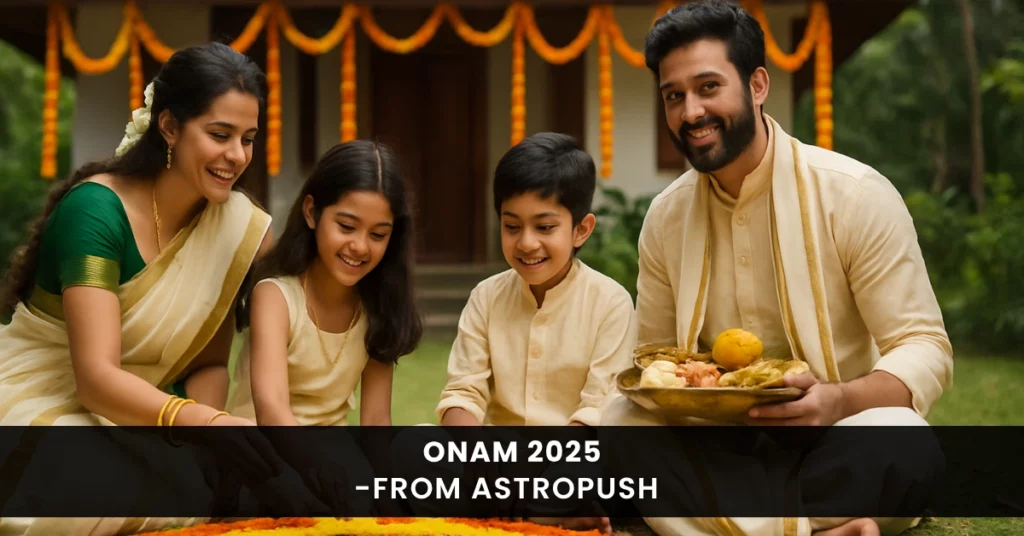 Family celebrating Onam 2025 with traditional attire, Pookalam, and festive joy in a culturally rich Kerala setting.