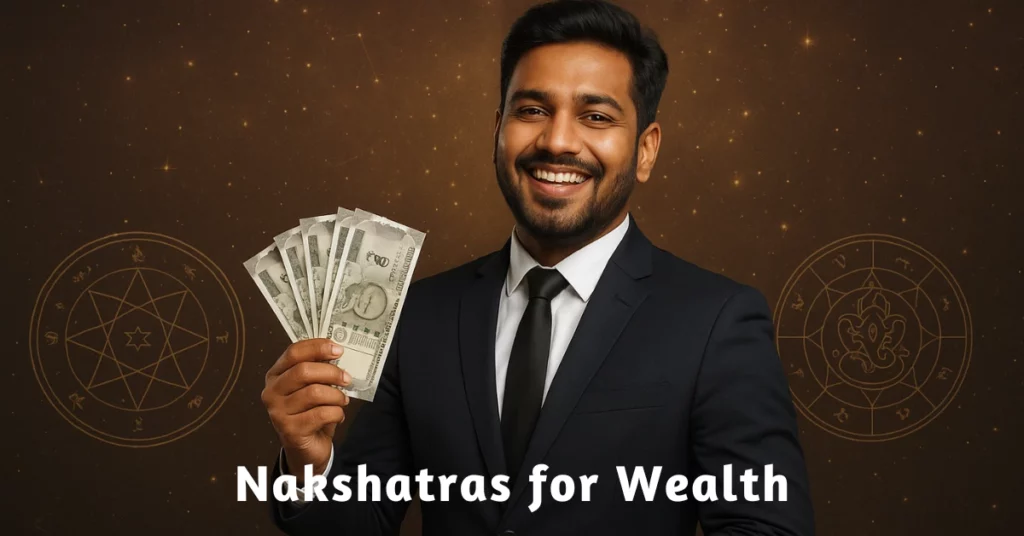 Astrological guide to Nakshatras for Wealth showing prosperity, abundance, and financial growth through Vedic astrology.