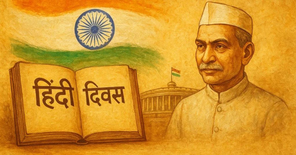 Historic illustration celebrating Hindi Diwas 2025 with India’s tricolor and symbols of Hindi heritage.