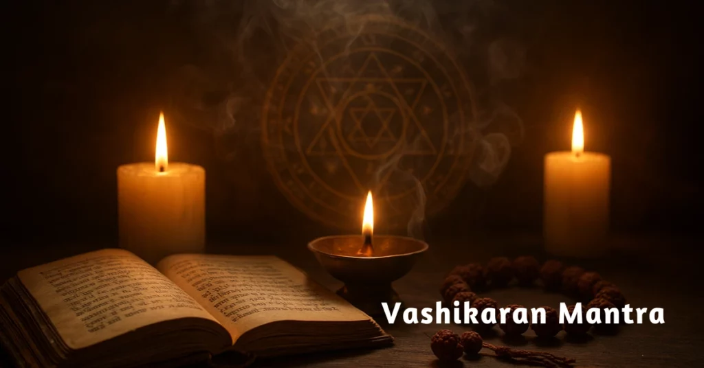 Illustration of vashikaran mantra with spiritual symbols showing its meaning, uses, and astrological significance