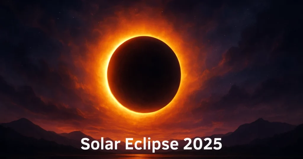 Realistic view of Solar Eclipse 2025 with glowing corona and mystical sky for a celestial event guide