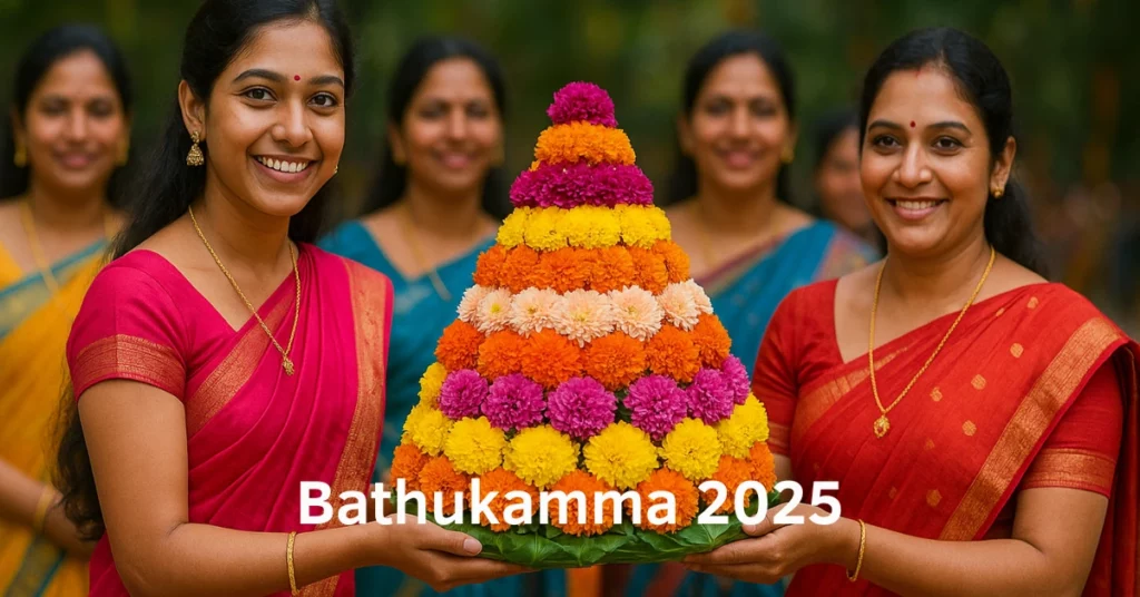 Women celebrating Bathukamma 2025 with colorful floral arrangements, songs, and traditions in Telangana.