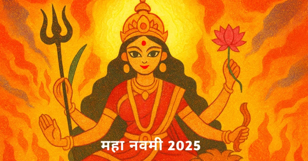 महा नवमी 2025 पर माता दुर्गा की पूजा, अनुष्ठान और आध्यात्मिक महत्व दर्शाती हुई पवित्र छवि