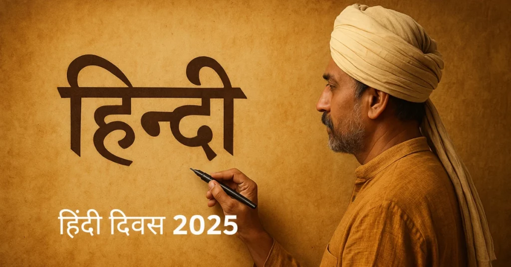 हिंदी दिवस 2025 पर भारत की एकता, भाषा का उत्सव और सांस्कृतिक महत्व को दर्शाती छवि।
