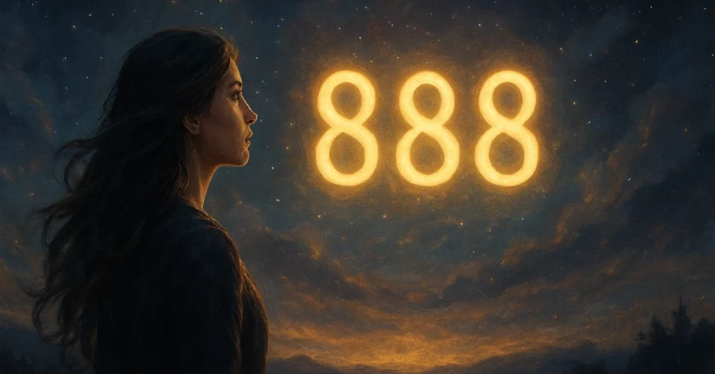 Mystical image showing 888 Angel Number with spiritual meaning, symbolism, and positive life message