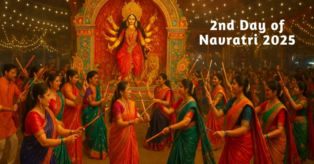 Devotees celebrating the 2nd Day of Navratri 2025 with Maa Brahmacharini puja, rituals, fasting, and traditional practices.