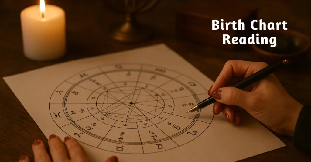 Astrologer interpreting a birth chart with zodiac signs and planets, symbolizing life path guidance and self-discovery.
