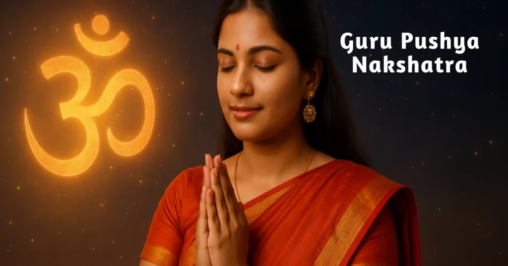 Indian woman meditating under glowing Guru Pushya Nakshatra symbol, symbolizing prosperity and spiritual growth