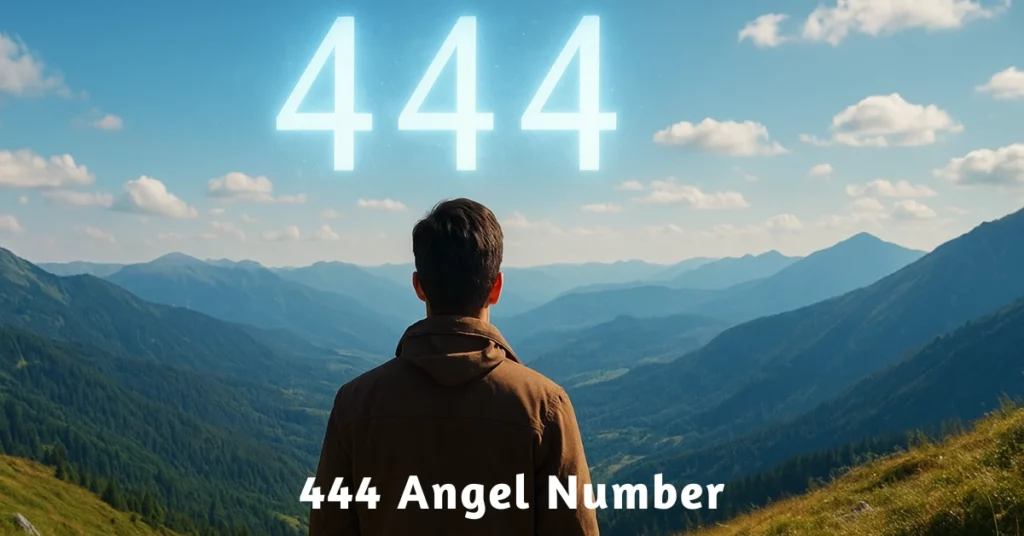 Man gazing at mountains with glowing 444 angel number symbolizing guidance, stability and spiritual meaning