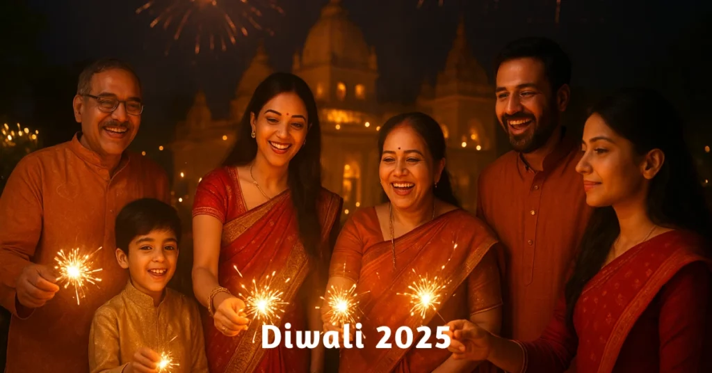 Family celebrating Diwali 2025 with sparklers and fireworks, symbolizing joy, light, and the spiritual essence of the festival