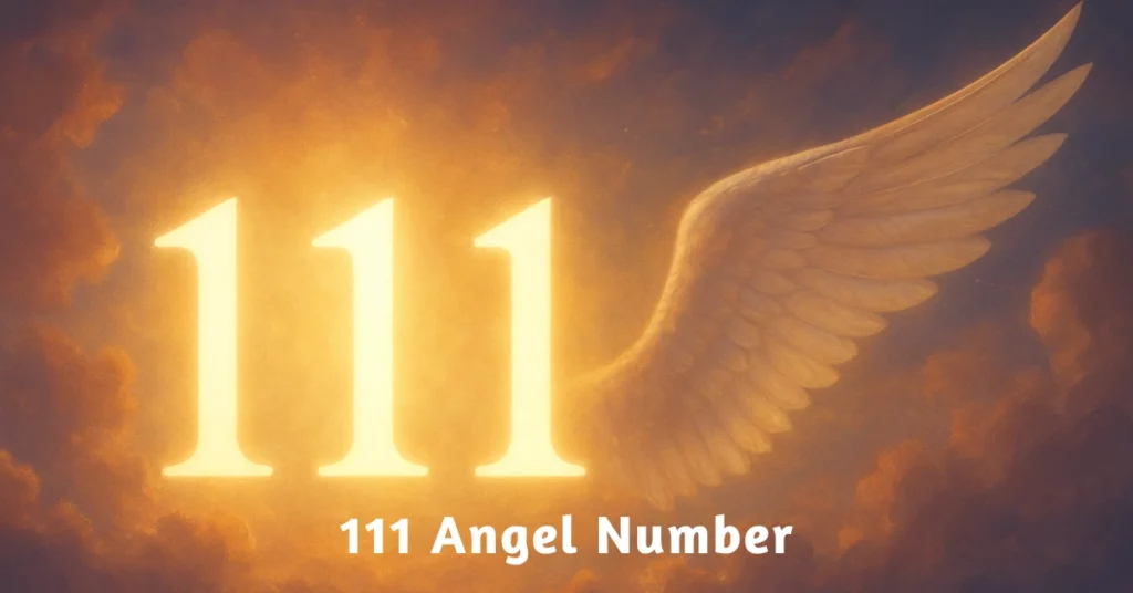 Glowing 111 angel number surrounded by golden light and angelic aura symbolizing divine guidance and new beginnings
