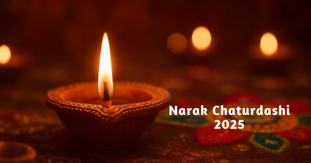 Traditional diyas illuminating the night on Narak Chaturdashi 2025, symbolizing the victory of light over darkness