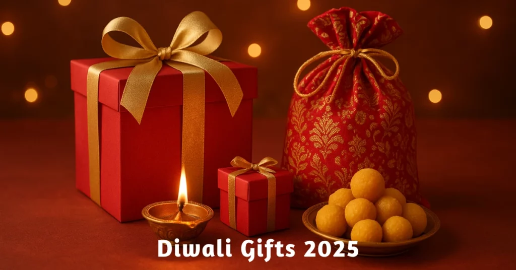 Beautifully wrapped Diwali gifts with diyas and sweets, symbolizing joy and celebration during Diwali 2025