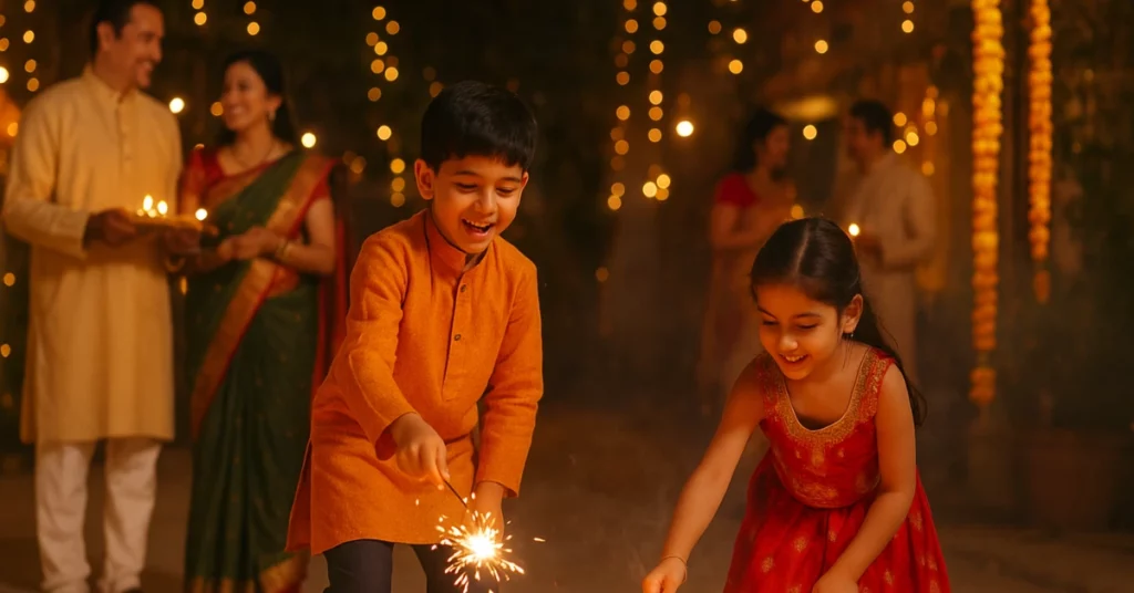 दिवाली 2025 के लिए दीपों, सजावट और खुशियों से भरी रात का सुंदर दृश्य दर्शाता हुआ चित्र