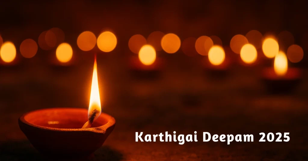 Karthigai Deepam 2025 celebration with traditional oil lamps and devotees showing faith and devotion