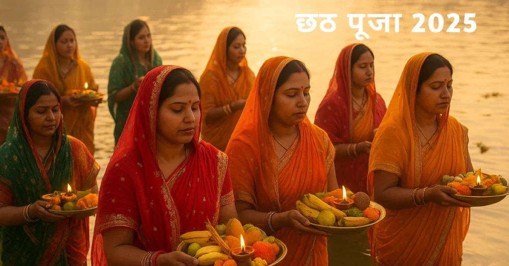 छठ पूजा 2025 में भक्त सूर्य देव की उपासना करते हुए, आस्था और भक्ति से भरा पवित्र पर्व का दृश्य।