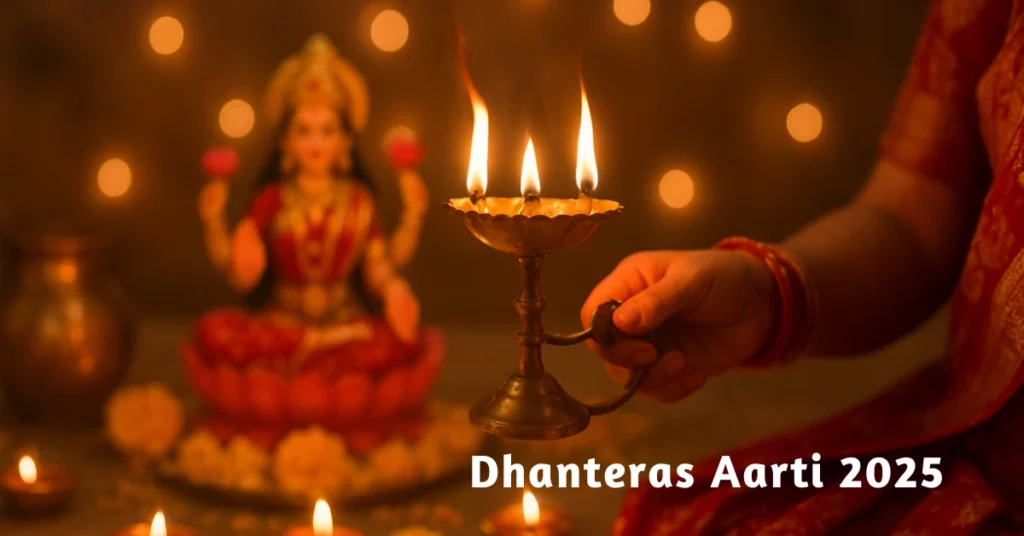 Devotees performing Dhanteras Aarti 2025 with diyas and prayers to Goddess Lakshmi for wealth and prosperity during Diwali.