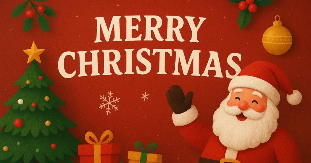Merry Christmas 2025 festive celebration with decorations, lights, and holiday spirit