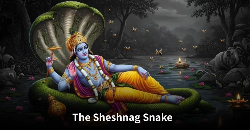 The Sheshnag Snake supporting Lord Vishnu, symbolizing eternity, balance, and spiritual power in Hindu mythology