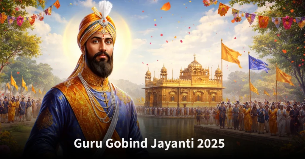 Guru Gobind Jayanti 2025 celebration showing Guru Gobind Singh Ji and Sikh devotees in a spiritual atmosphere