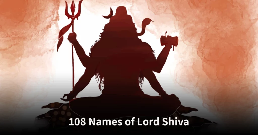 Illustration showing the 108 names of Lord Shiva with their meanings, spiritual importance, and divine power