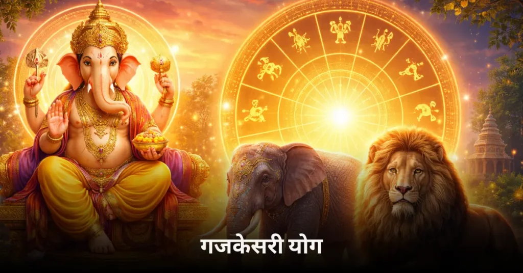 गजकेसरी योग का ज्योतिषीय अर्थ, निर्माण विधि, लाभ और जीवन पर शुभ प्रभाव दर्शाता हुआ चित्र