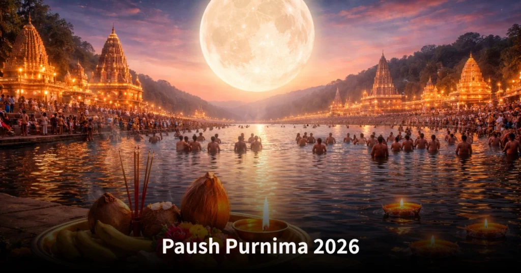 Paush Purnima 2026 full moon with devotees performing rituals, holy bath, and spiritual celebrations by the river