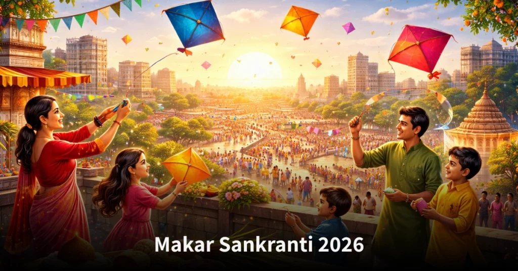 Makar Sankranti 2026 celebration showing rituals, kite flying, and astrological significance of the Sun’s transit into Capricorn.