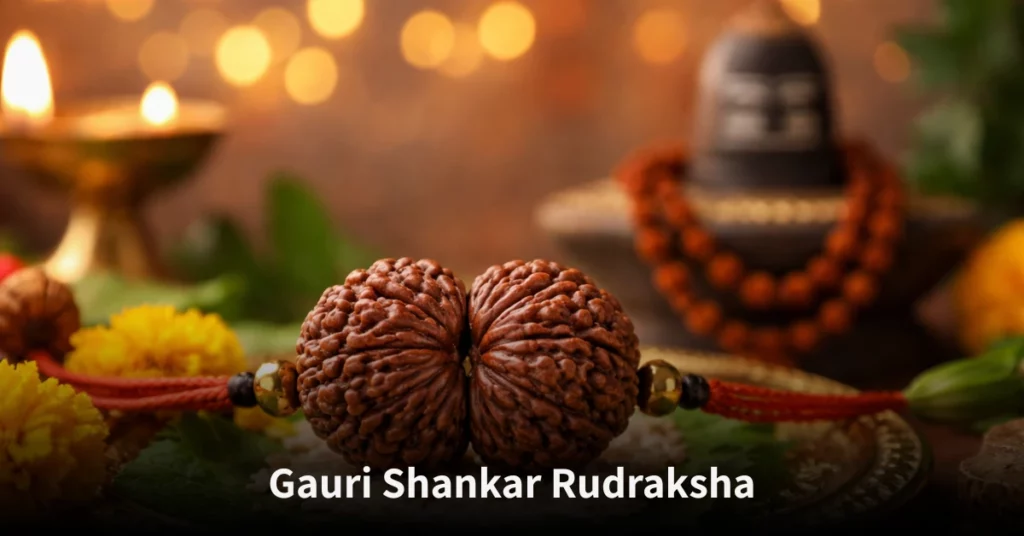 Gauri Shankar Rudraksha showing a naturally joined single bead, symbolizing divine union, spiritual balance, and harmony.