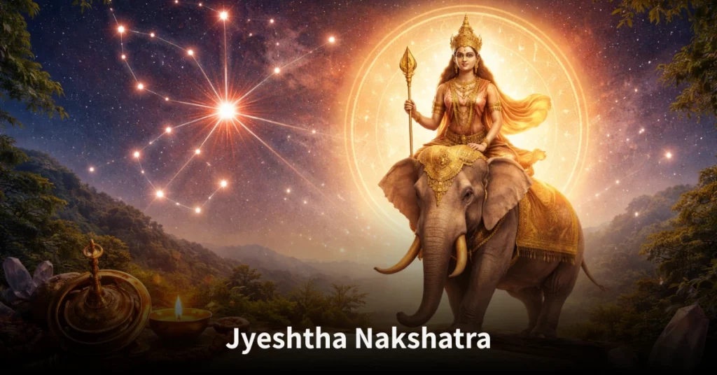 Jyeshtha Nakshatra illustration showing astrology symbols, cosmic energy, and divine guidance in Vedic astrology.