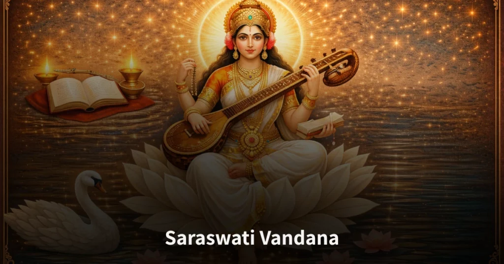 Goddess Saraswati during Saraswati Vandana symbolizing knowledge, wisdom, mantras, learning, and spiritual benefits