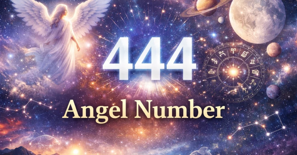Angel Number 444 glowing in cosmic background with zodiac signs, representing meaning and astrology signs 2026