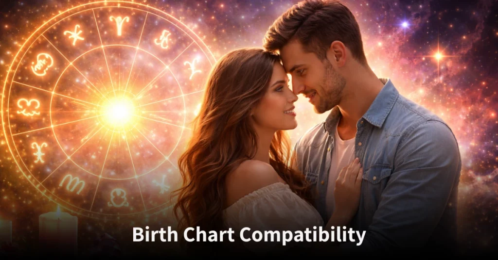 Birth chart compatibility image showing zodiac signs and relationship balance