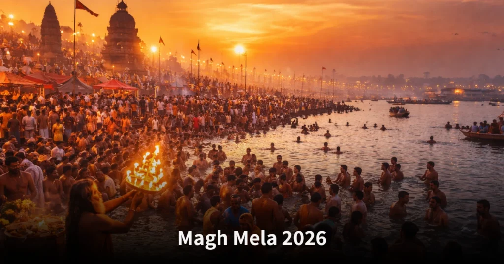 Magh Mela 2026 showing holy bathing, rituals, and spiritual atmosphere at the sacred river confluence