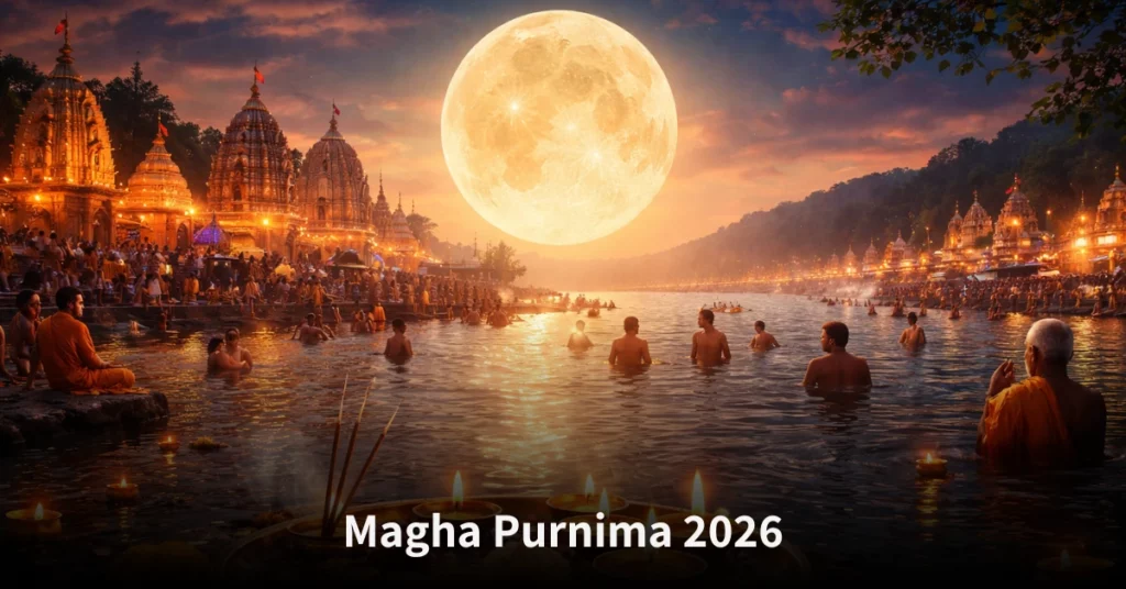 Devotees performing rituals and prayers on Magha Purnima 2026 under full moon at sacred river