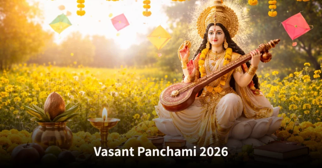 Vasant Panchami 2026 celebration showing Goddess Saraswati puja, yellow flowers, rituals, and spiritual significance