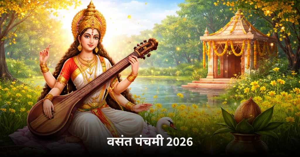 वसंत पंचमी 2026 की तिथि, महत्व, पूजा विधि, अनुष्ठान और ज्योतिषीय महत्व दर्शाता चित्र
