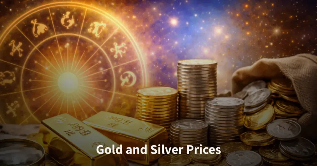 Gold and silver prices showing market trends, investment value, and astrological influence on precious metals