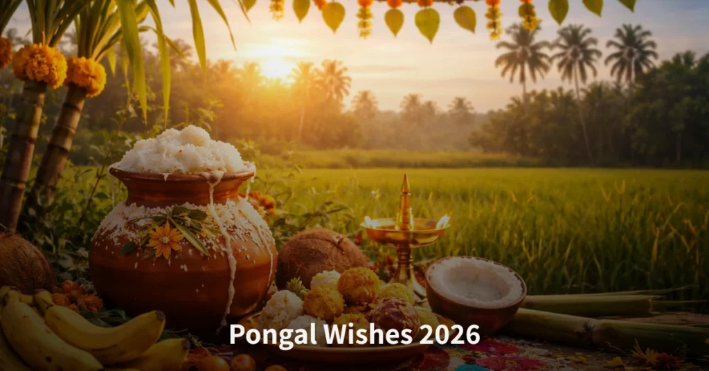 Pongal Wishes 2026 celebrating gratitude, prosperity, and new beginnings with traditional harvest elements