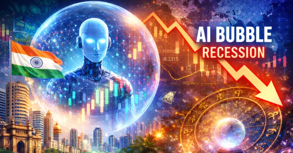 AI bubble showing stock market crash, Indian economy impact, global recession signals, and astrological influence