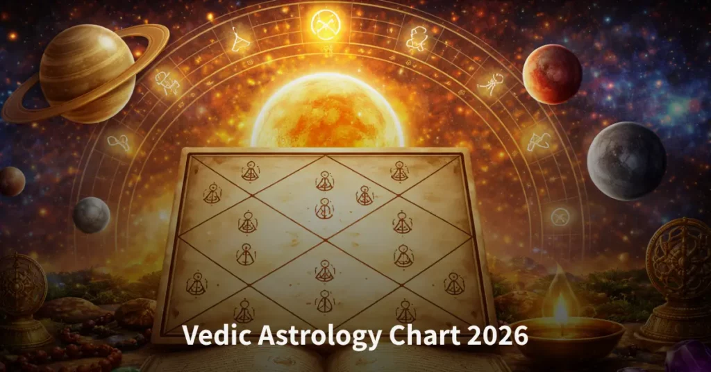 Vedic Astrology Chart 2026 showing planetary energies, zodiac houses, and yearly life predictions with remedies
