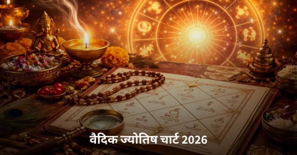 वैदिक ज्योतिष चार्ट 2026 जिसमें ग्रह स्थिति, जीवन की भविष्यवाणियाँ और प्रभावी ज्योतिषीय उपाय दर्शाए गए हैं