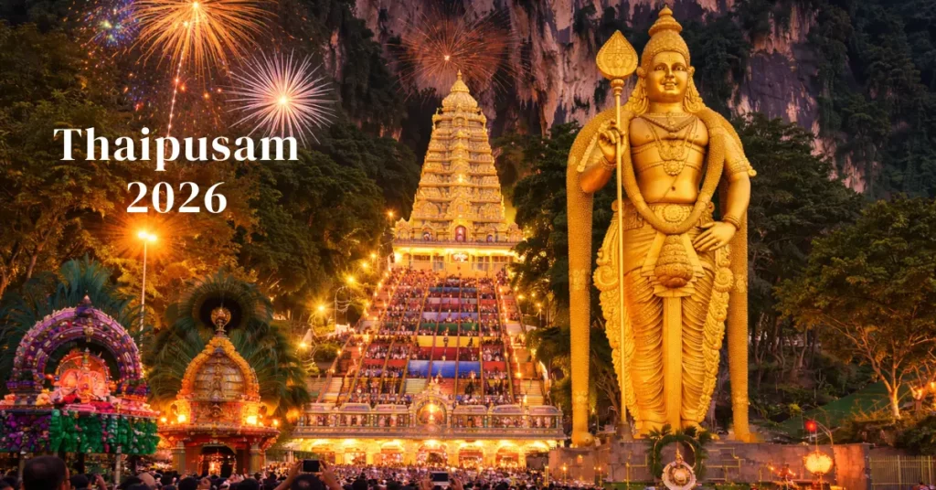 Thaipusam 2026 celebration showing Lord Murugan temple, devotees, and sacred rituals with spiritual significance