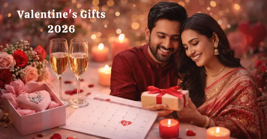 Valentine’s Gifts 2026 featuring an Indian couple sharing thoughtful gifts, love, and romantic moments