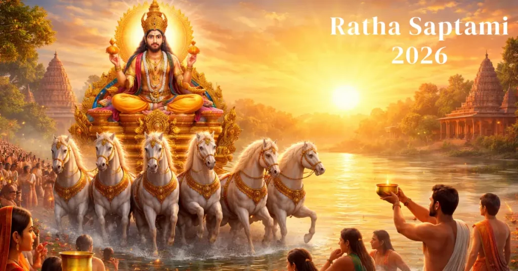 Devotees worship Lord Surya during Ratha Saptami 2026 with rituals, prayers, and sunrise celebrations.