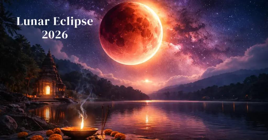 Lunar Eclipse 2026 over a serene night sky with spiritual and astrological significance
